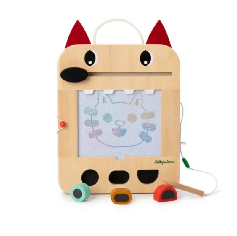 Stimolante lavagna magica a colori a forma di muso di lupo in legno con carte da gioco e forme